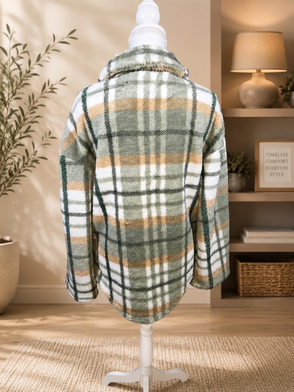 Canada Weather Gear Women's Plaid Teddy Shacket - Sage & Cream - Picture 4 of 7